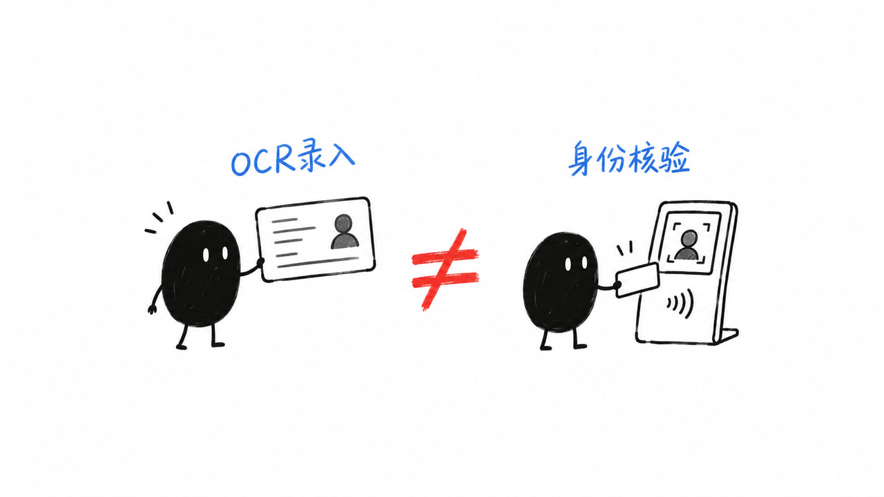 小黑分别演示OCR录入与身份核验，两者之间用不等号分开。