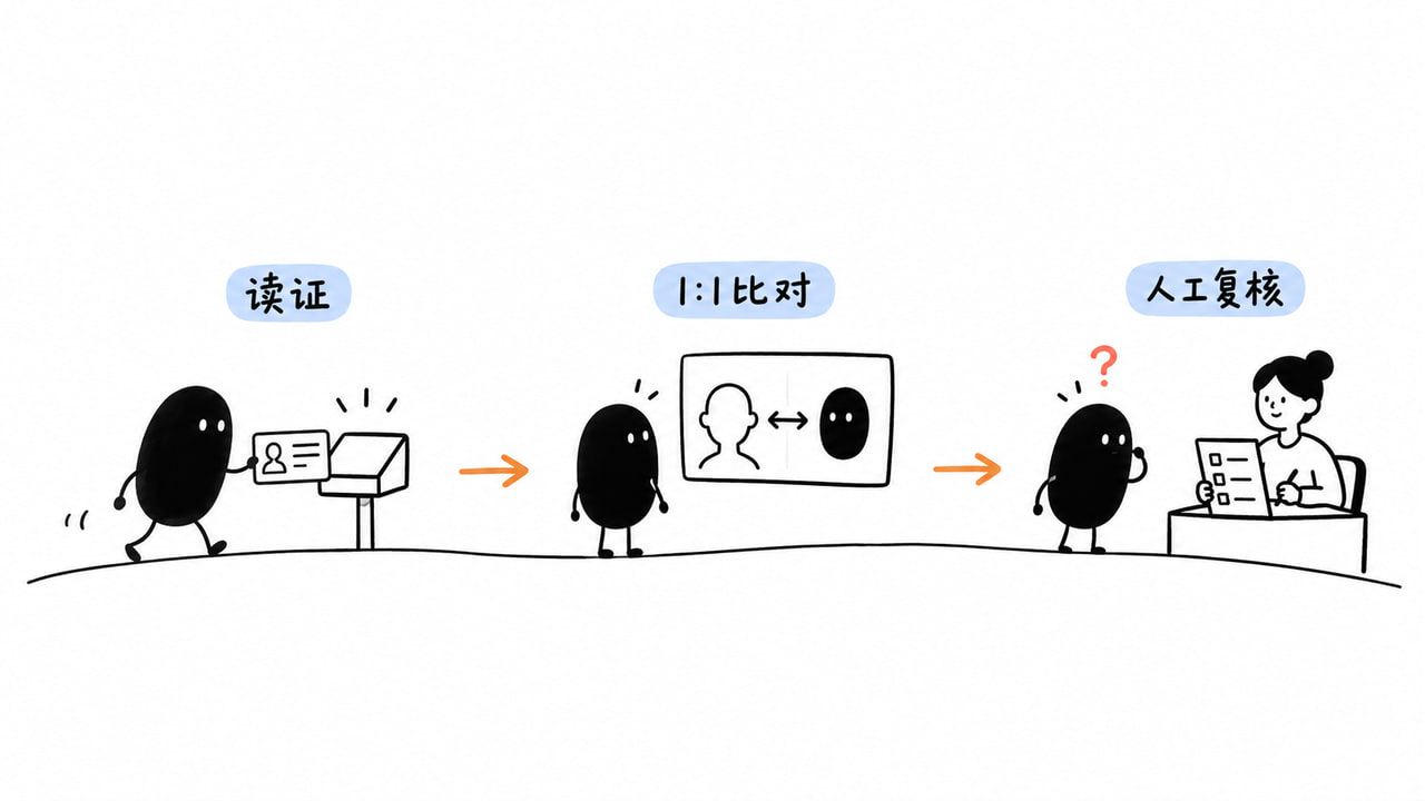 小黑依次完成读证、1比1人脸比对和人工复核。