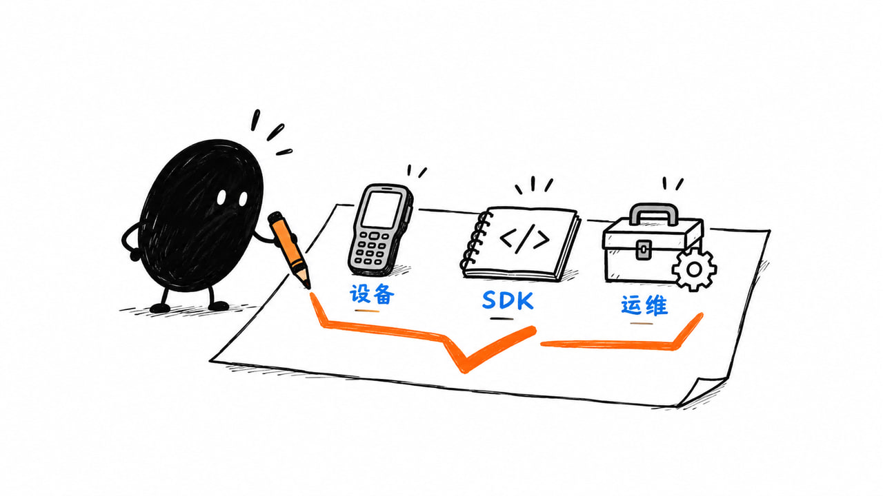 小黑在验收表上同时核对设备、SDK和运维能力。 小黑在验收表上同时核对设备、SDK和运维能力。