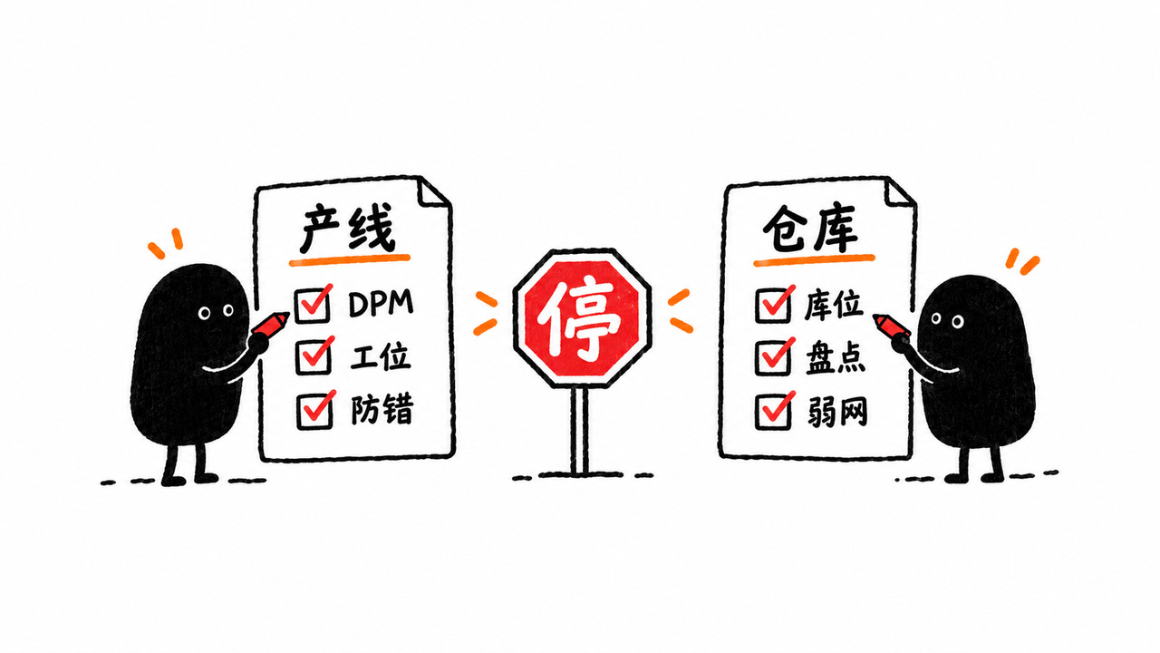 把产线工位和仓库货架分成两张任务清单,分别标出节拍、DPM、远距、漫游和盘点。 把产线工位和仓库货架分成两张任务清单,分别标出节拍、DPM、远距、漫游和盘点。