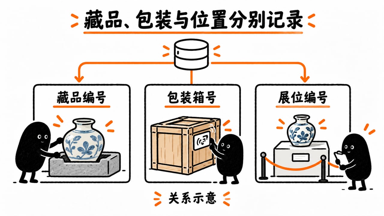 示意:藏品档案、外包装标签与展位记录分别关联;不在文物本体粘贴标签。