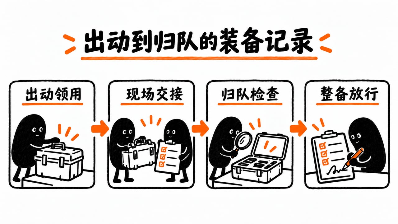 示意:出动、现场交接、归队检查与授权放行分别记录。