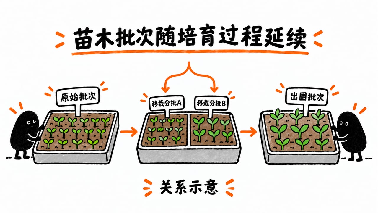 示意:移栽分批后保留与原始苗木批次的关联。