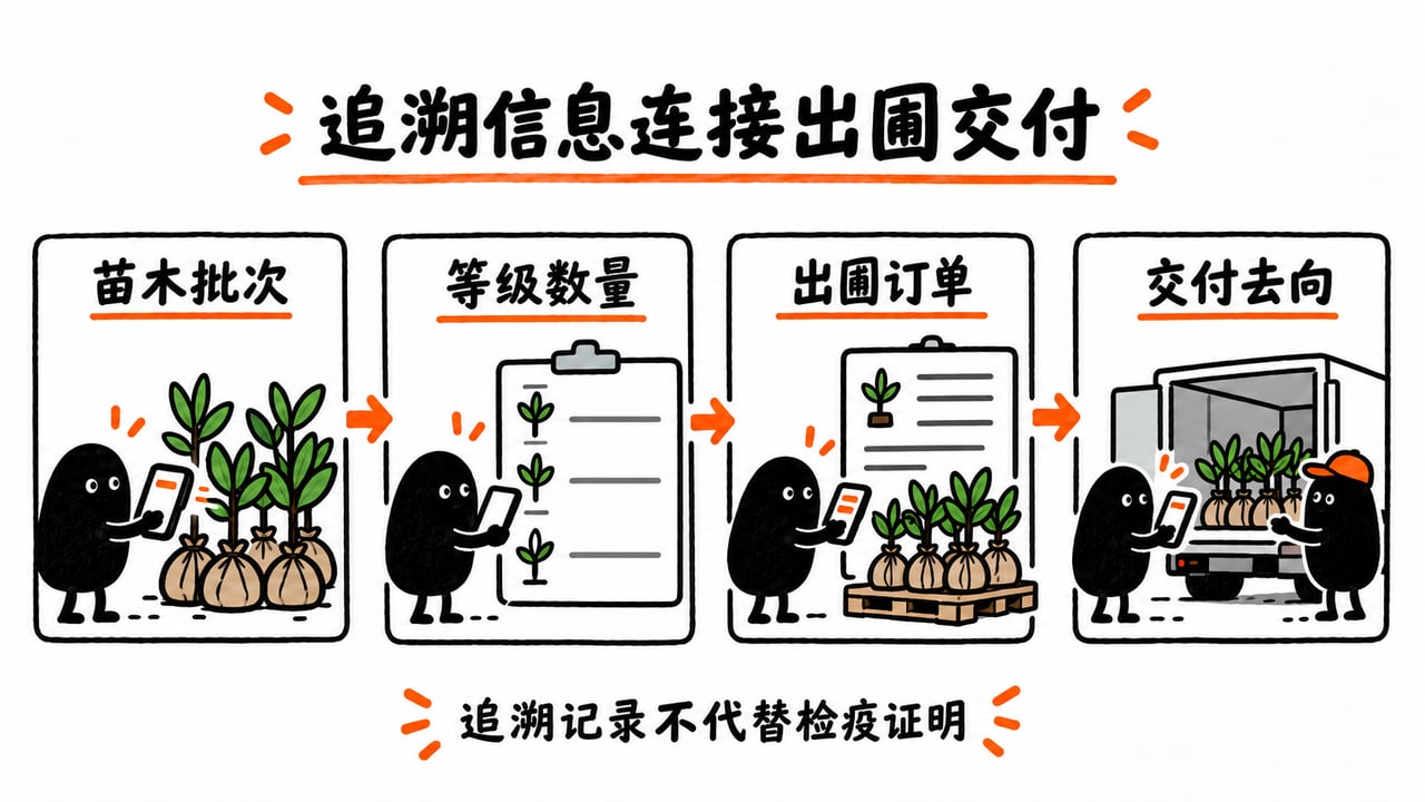示意:批次、等级数量、订单与交付去向形成追溯链;不代替检疫证明。