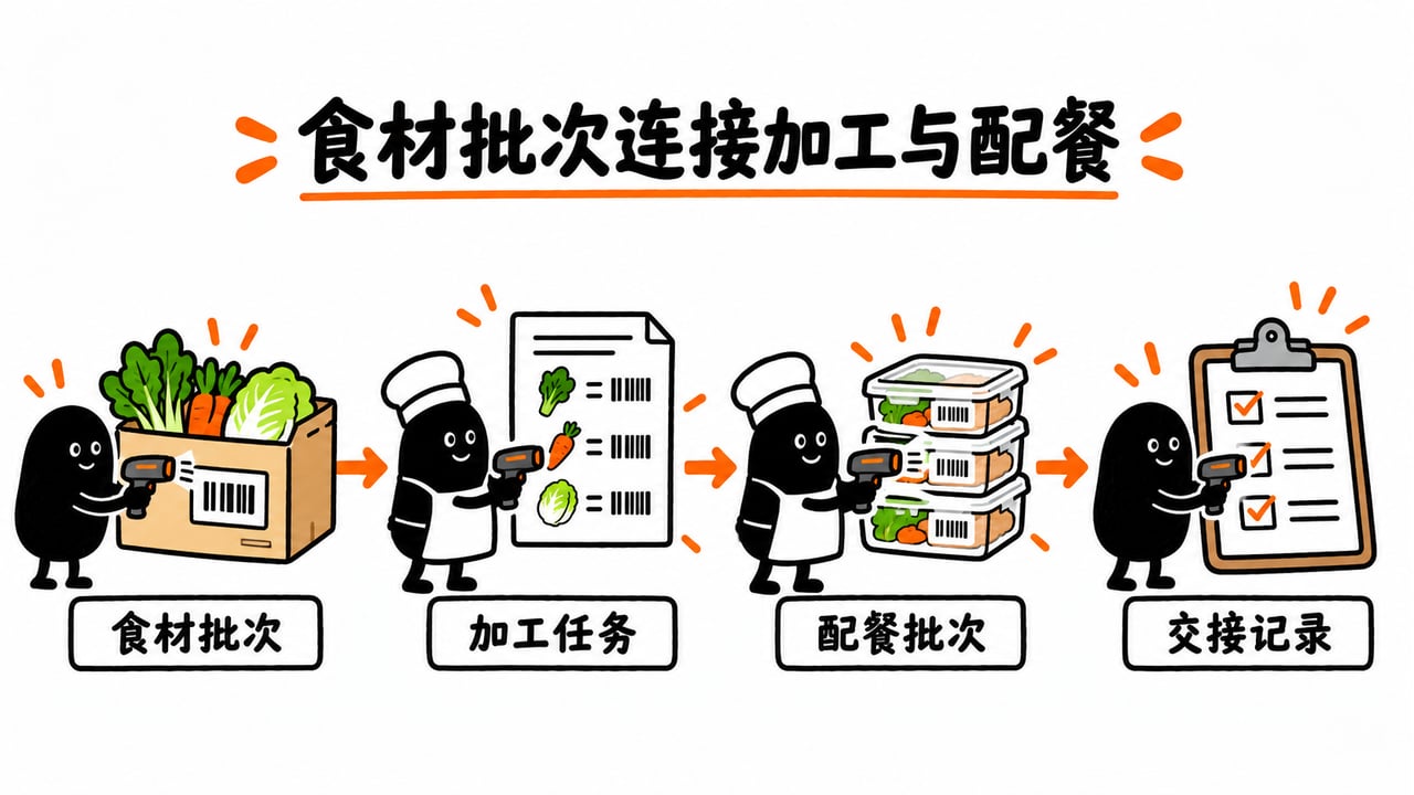食材批次、加工任务和配餐批次分别关联,交接记录保留对应关系。