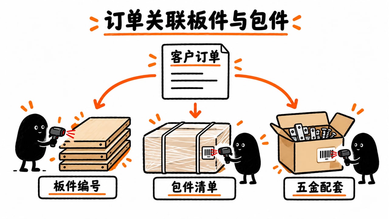 客户订单关联板件、包件清单和五金配套。
