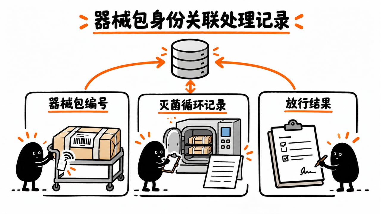 器械包编号关联灭菌循环记录和经确认的放行结果。
