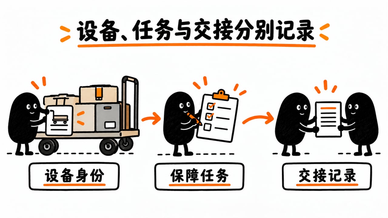 机场设备身份、保障任务和交接记录分别维护。