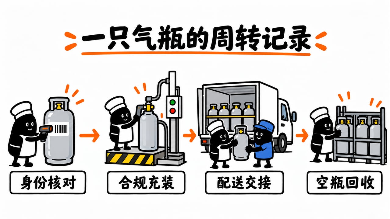 气瓶身份关联充装、配送和空瓶回收记录。