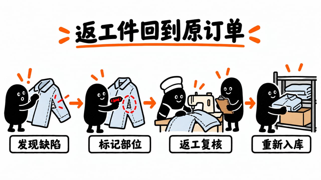 返工件标明缺陷部位,复核后回到原订单。
