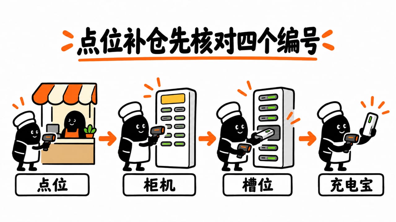 点位、柜机、槽位和每台充电宝分别编号。