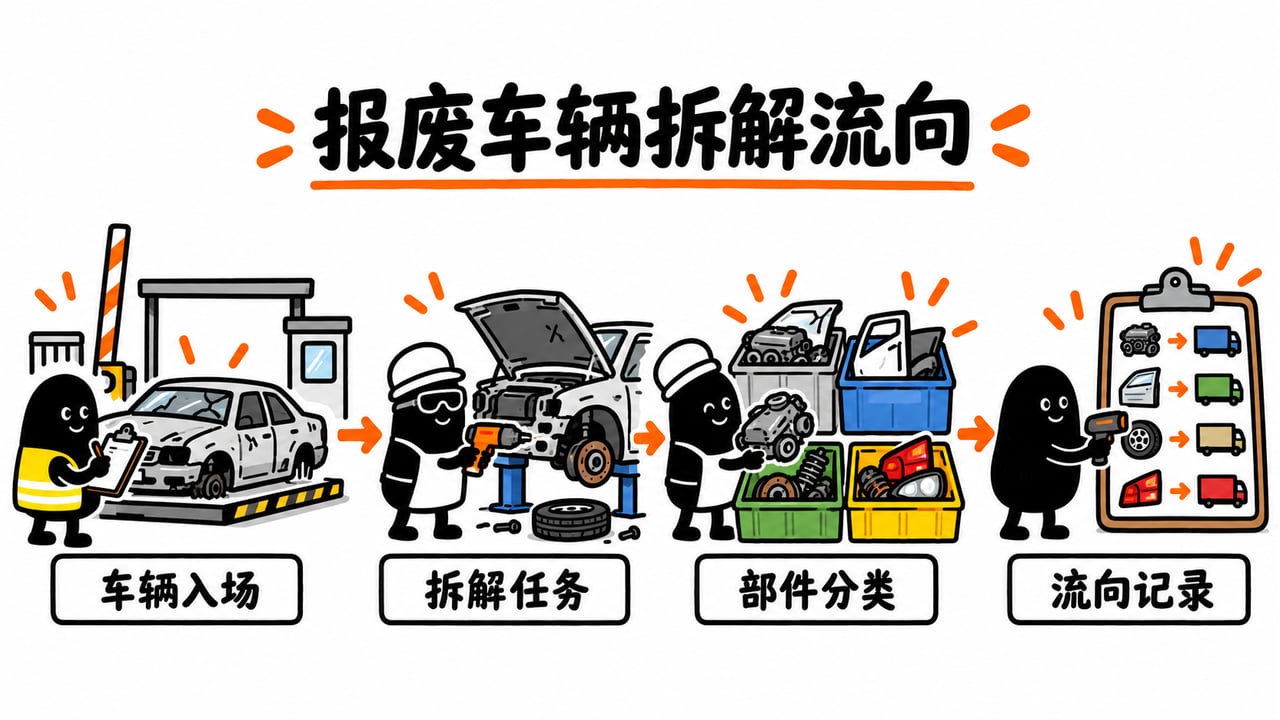 报废车辆从入场到拆解、分类和移交保留去向。