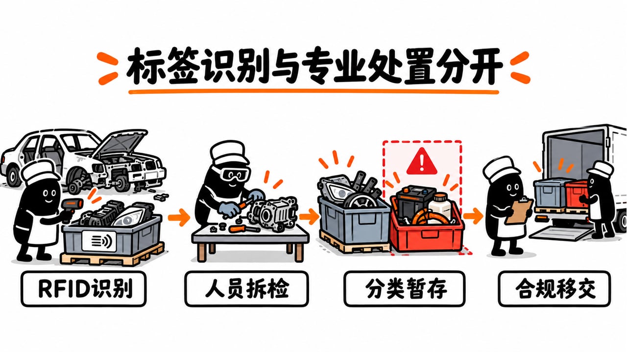 RFID标识部件身份,专业拆检与分类处置仍由人员负责。