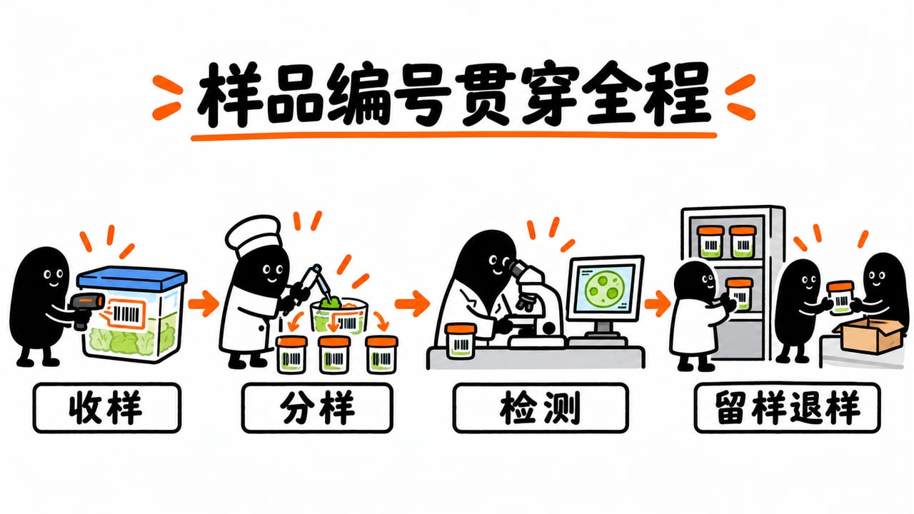 样品编号关联收样、分样、检测、留样和退样。