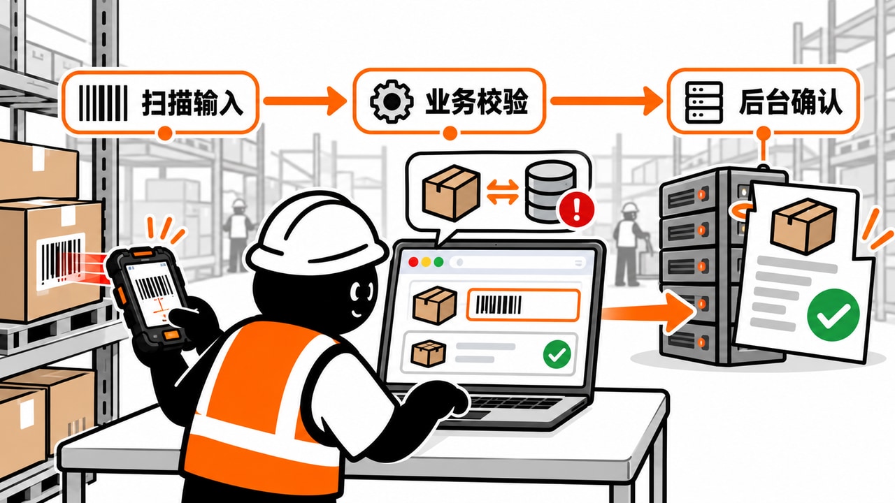 PDA扫描输入、页面业务校验和服务器确认的三个环节示意图