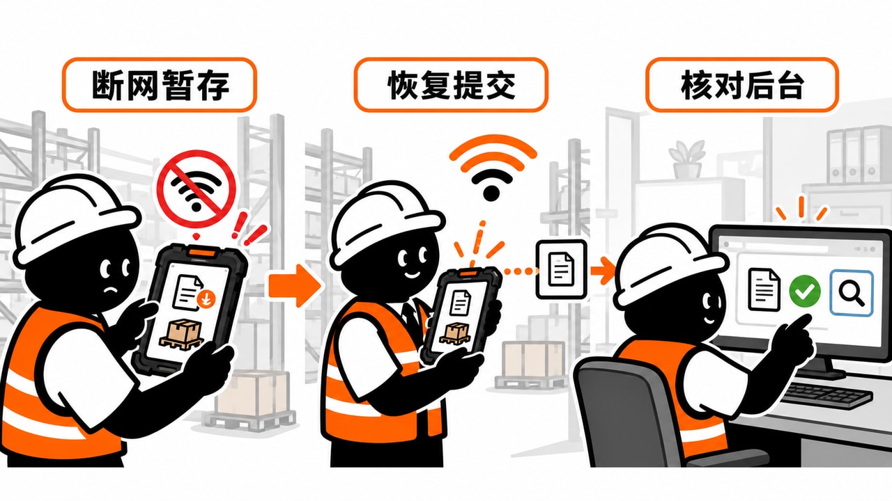 经过离线开发的PDA业务页面保存待发记录并恢复提交后核对后台结果的示意图