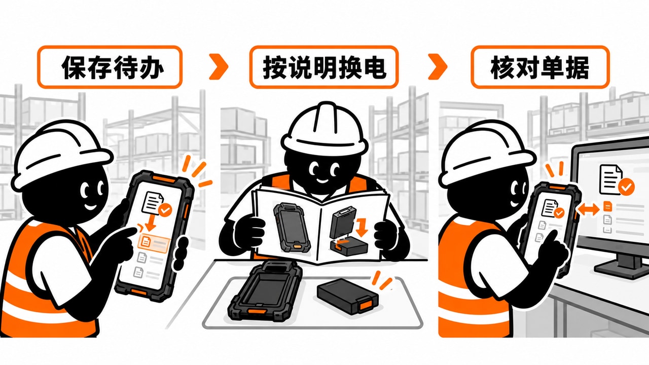 先保存任务、按型号说明换电、恢复后核对原单据的PDA操作示意图