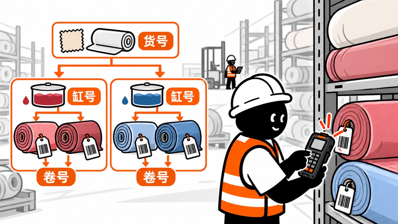 面料货号、染色缸号与各独立布卷之间的管理关系