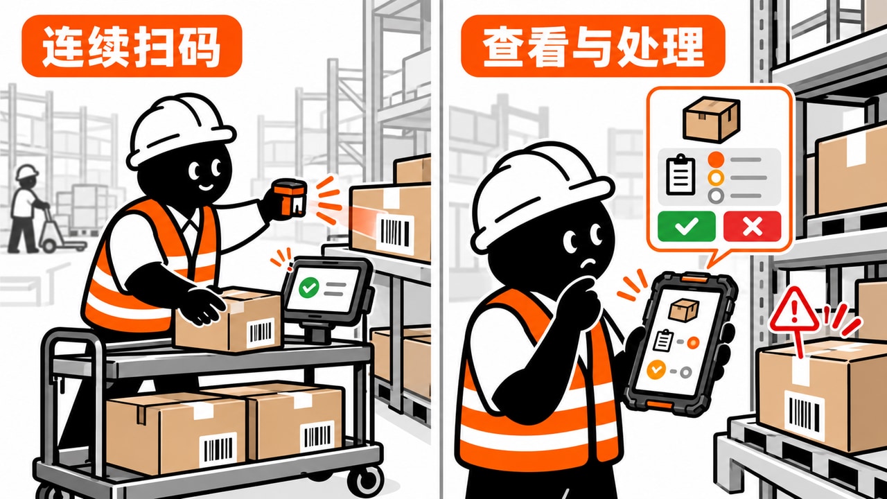 连续扫码搬货与查看屏幕处理异常时,指环扫描器和业务主机的不同使用方式